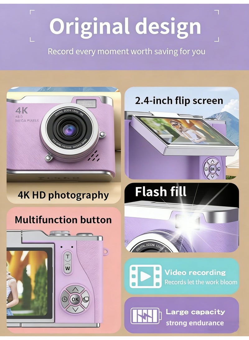 Makrystorm 4k CCD Digital Zoom Student Digital Camera 48MP Portable Digital Photography Camera 180° Flip Screen Selfie Camera，with 128GB SD card - Image 2
